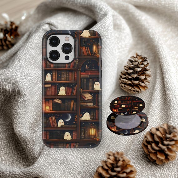 Bookish Ghost Bookshelf Phone Case, Book Lover Reading iPhone Case, Cozy Ghost Phone Case, BESTSELLER, iPhone 17 16 15 14 13 12, Samsung S25