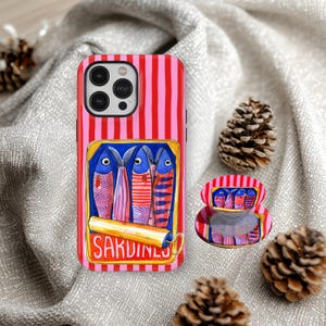 Funda retro de sardinas, funda protectora con diseño de lata de pescado y rayas, funda divertida y única para iPhone 17, 16, 15, 14, 13, 12 y 11, Samsung S25