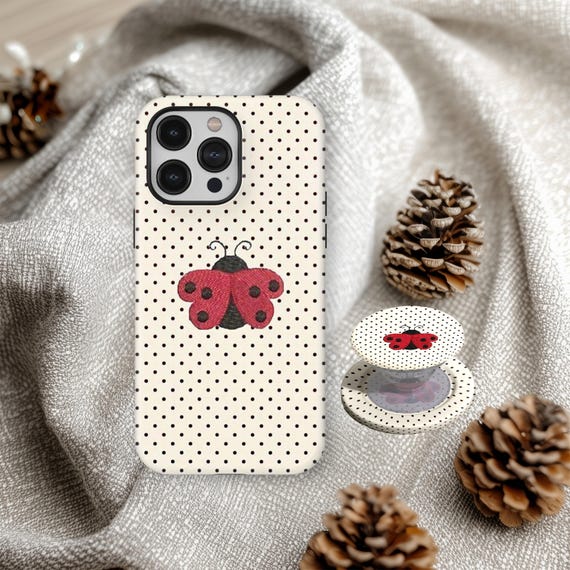Cute Ladybug Polka Dot Phone Case, Insect Shape Phone Case, Cottagecore Bug Whimsical Artistic Cover, iPhone 17 16 15 14 13 12, Samsung S25