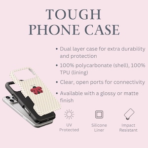 May include: A tough phone case with a dual-layer design for extra durability and protection. The case features a ladybug design on a cream background with black polka dots. The case is made of polycarbonate and TPU and is available with a glossy or matte finish.