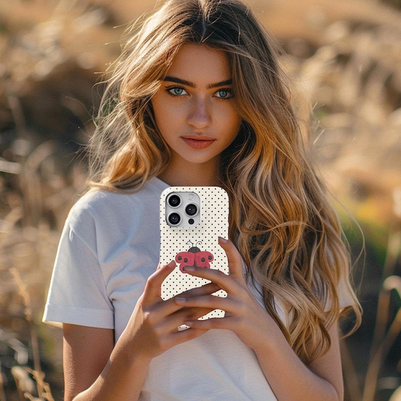May include: A white phone case with black polka dots and a red ladybug design. The case is held in front of a person. The ladybug has a black head and red wings. The background is blurred.