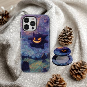 Funda para iPhone de Gengar Noche Estrellada, Funda para teléfono de monstruo fantasma de fantasía oscura, Cubierta de arte de noche embrujada púrpura, iPhone 17 16 15 14 13, Samsung S26