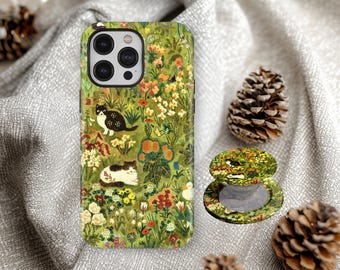 Cute Cat Phone Case, Vintage Floral Cat Phone Case, Whimsical Garden Oil Painting Artistic Cover, iPhone 17 16 15 14 13 12 11, Samsung S25