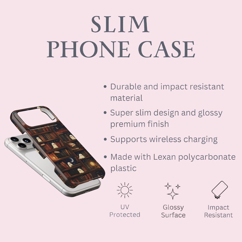 Puede incluir: Una funda delgada para tel&eacute;fono con dise&ntilde;o de estanter&iacute;a. La funda es marr&oacute;n con un acabado brillante y presenta el texto "SLIM PHONE CASE". La funda es resistente a impactos y admite carga inal&aacute;mbrica.