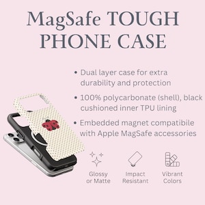 May include: A phone case with the text "MagSafe TOUGH PHONE CASE". The case is black with a white polka dot design and a red ladybug. Features include dual-layer protection, impact resistance, and vibrant colors.