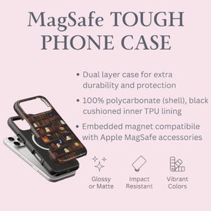 Puede incluir: Una funda de tel&eacute;fono negra y marr&oacute;n con un dise&ntilde;o de estanter&iacute;a, apilada sobre un tel&eacute;fono plateado. La funda se describe como una funda de doble capa para mayor durabilidad y protecci&oacute;n. El texto de la imagen dice "MagSafe TOUGH PHONE CASE".