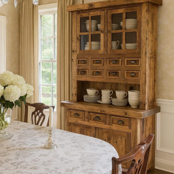 Reclaimed Barnwood Hutch: 48" Handcrafted Storage Cabinet/Step Back Cupboard - Glass Doors