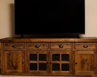 Solid Oak Console Table - 84" Handcrafted Storage Media/TV Cabinet - Glass Doors