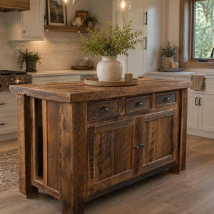May include: A rectangular kitchen island made of reclaimed brown wood with a thick countertop, three upper drawers with dark metal pulls, and two lower cabinet doors. A round beige ceramic vase with green foliage sits on a circular wooden tray.
