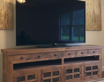 Solid Oak Console Table: 96" Handcrafted Storage Media/TV Cabinet - Glass Doors