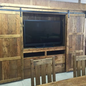 Reclaimed Barnwood Barn Door Entertainment Center: 120"-144" Handcrafted Storage Media/Cabinet image 5