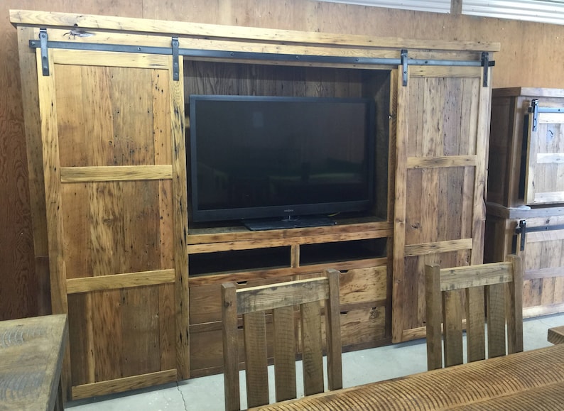 Reclaimed Barnwood Barn Door Entertainment Center: 120"-144" Handcrafted Storage Media/Cabinet image 5