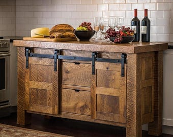 Solid Oak Barn Door Island: 72" Handcrafted Storage Kitchen Cabinet