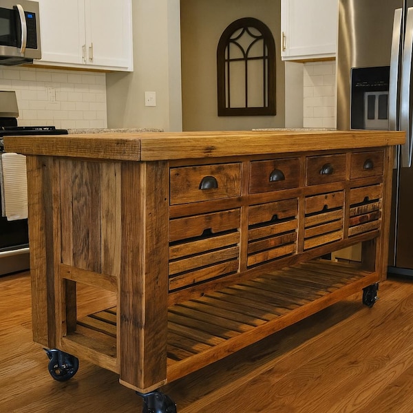 Reclaimed Barnwood Island: 72" Handcrafted Kitchen Storage Cabinet - Casters