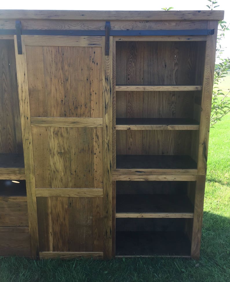 Reclaimed Barnwood Barn Door Entertainment Center: 120"-144" Handcrafted Storage Media/Cabinet image 6