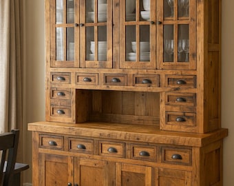 Reclaimed Barnwood Hutch: 72" Handcrafted Storage Cabinet/Step Back Cupboard - Glass Doors