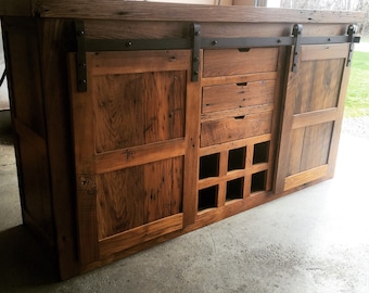 Reclaimed Barnwood Barn Door Buffet: 72" Handcrafted Storage Cabinet - Wine Rack