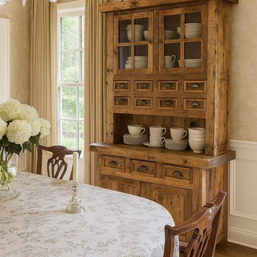 Reclaimed Barnwood Hutch: 48" Handcrafted Storage Cabinet/Step Back Cupboard - Glass Doors