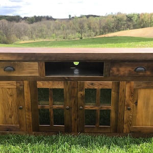 Reclaimed Chestnut Console Table: 72" Handcrafted Storage Media/TV Cabinet - Glass Doors