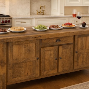 Solid Oak Island with Top Overhang for Seating: 80" Handcrafted Storage Kitchen Cabinet - Slide Out Trash Bin