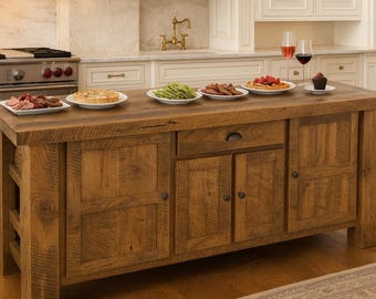 Solid Oak Island with Top Overhang for Seating: 80" Handcrafted Storage Kitchen Cabinet - Slide Out Trash Bin