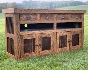 Solid Oak/Metal Console: 60" Handcrafted Reclaimed Media Cabinet