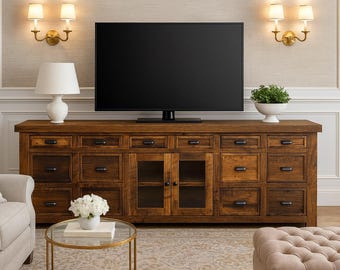 Mesa consola de madera recuperada de granero: Mueble para equipos multimedia/TV de 96" hecho a mano con puertas de cristal.