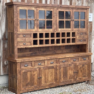 Solid Oak Hutch: 96" Handcrafted Storage Cabinet/Step Back Cupboard - Glass Doors