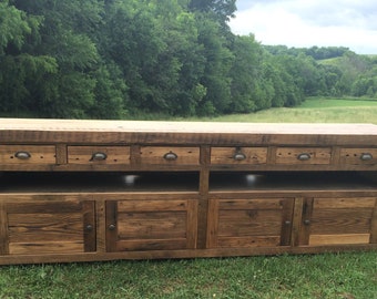Reclaimed Barnwood Console Table: 96" Handcrafted Storage Media/TV Cabinet