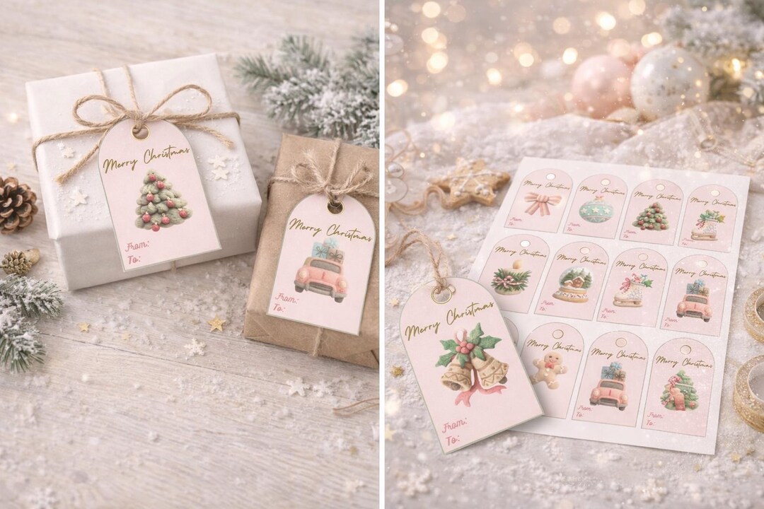 Pink Christmas Gift Tags Printable, Cute Pastel Holiday Tags, Merry ...
