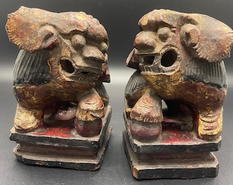 Antique Chinese Foo Dog Lions – Hand Carved Wood, Lacquered Gilt Sculpture Pair