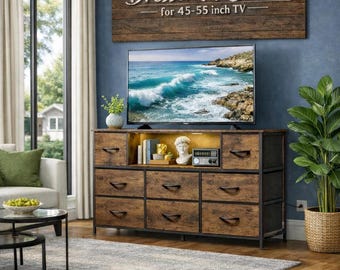 Mueble de TV rústico de madera marrón con estante LED y 8 cajones.