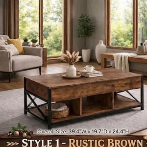 Lift-Top Coffee Table, Wooden Rustic Brown, BLACK & Oak Color Option With Hidden Storage