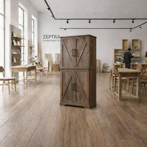 Armário de cozinha rústico marrom de 72 polegadas com portas de celeiro, prateleiras ajustáveis e gaveta.