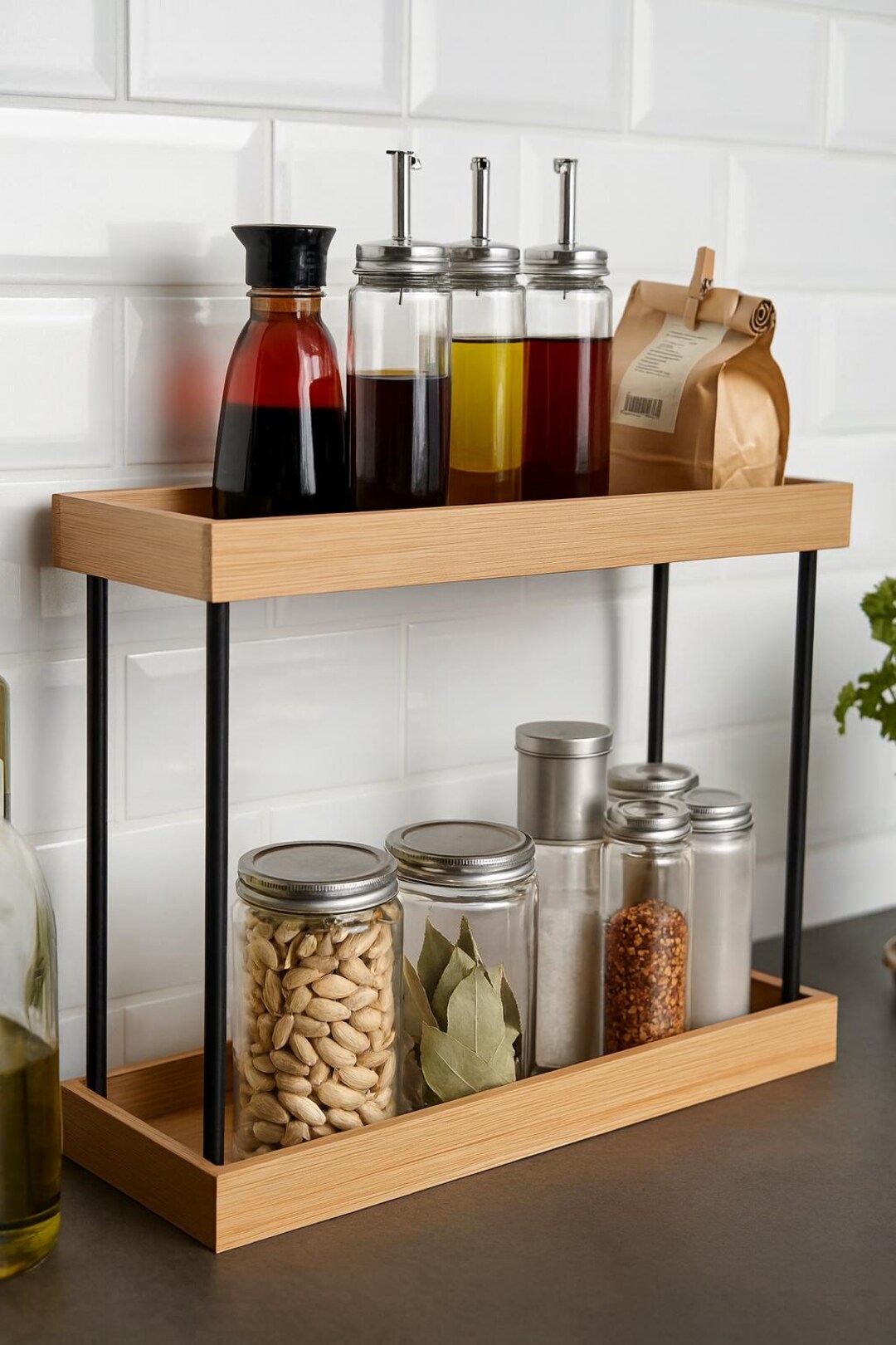 2 Tier Countertop Spice Rack Organizer With Metal and Wood for Kitchen ...