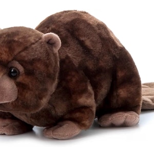 May include: A plush brown beaver toy with a soft, textured fur. The stuffed animal has a round body, small ears, and a flat tail. It features a black nose, small eyes, and two white teeth. The toy is designed to resemble a real beaver.
