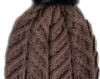 Chocolate cable beanie with pom, acrylic yarn hat, affordable hand knit, hand knit cable beanie