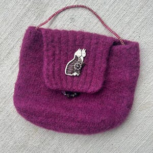 Hand Felted Burgundy Clutch Purse with Kitty Cat Pin