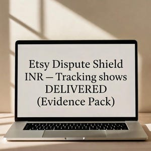 Puede incluir: Un portátil plateado muestra el texto "Etsy Dispute Shield INR - Tracking shows DELIVERED (Evidence Pack)". El portátil está abierto sobre una superficie de madera clara, con sombras en el fondo.