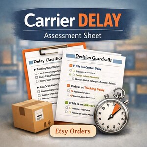 Puede incluir: Imagen de un portapapeles con un documento titulado "Delay Classifica" y otro titulado "Decision Guardrails". Un cronómetro y una pequeña caja de cartón también están en la imagen. El texto "Carrier DELAY Assessment Sheet" está en la parte superior, con "Etsy Orders" en la parte inferior.