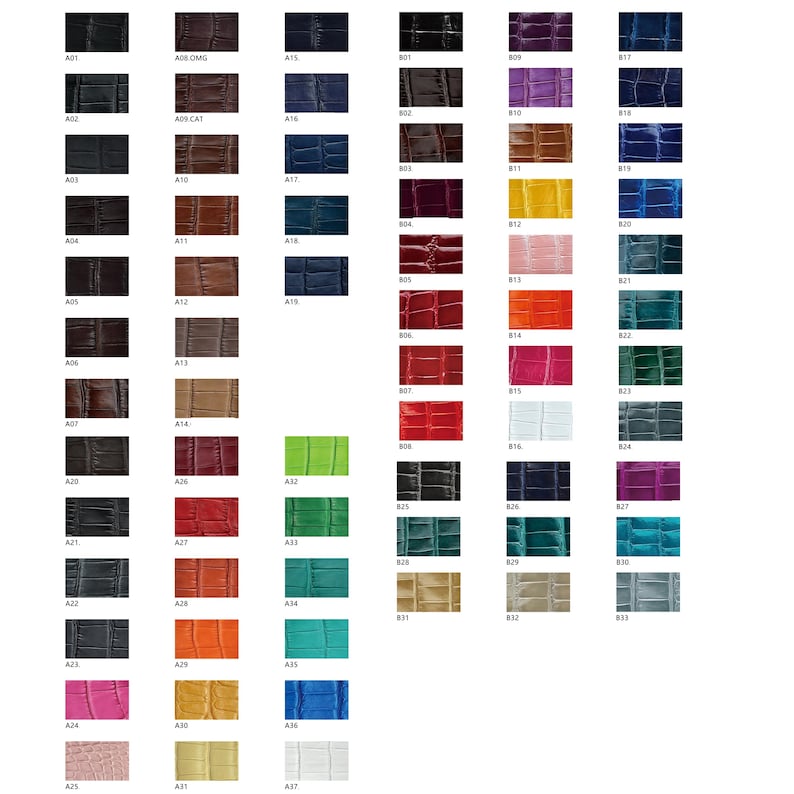 K&ouml;nnte beinhalten: Eine Farbkarte mit verschiedenen Ledermustern. Die Muster sind in einem Raster angeordnet, jedes mit einem Code versehen. Die Farben reichen von Schwarz und Braun bis hin zu leuchtenden Farbt&ouml;nen wie Gr&uuml;n, Orange und Rosa. Die Texturen scheinen gepr&auml;gt zu sein.