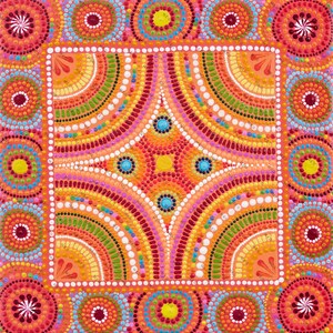May include: A vibrant, square artwork featuring a symmetrical design of colorful dots. The central pattern is a starburst shape with turquoise accents, surrounded by concentric arcs in shades of orange, pink, green, and yellow. The border includes circular patterns.
