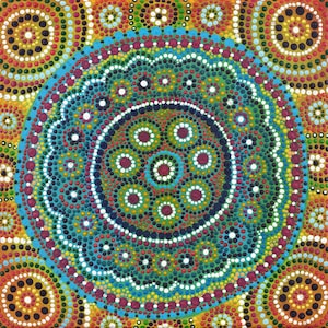 May include: A square painting with a mandala design, created using a dot-painting technique. The artwork features a vibrant palette of colours, including teal, red, yellow, and white. The mandala's concentric circles create a detailed, symmetrical pattern.