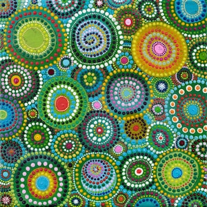 May include: An abstract painting with a repeating pattern of colourful circles. The artwork uses a variety of colours, including green, blue, yellow, and pink, with each circle made up of small, dotted details. The overall effect is a lively and intricate design, reminiscent of a mandala.