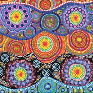 May include: An abstract painting with a repeating pattern of colourful, circular designs. The artwork uses a dot-painting technique with blues, purples, oranges, yellows, and greens. The design is reminiscent of mandalas or floral patterns.