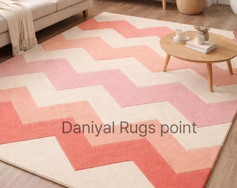 Hand Tufted Pink Zigzag Rug, Modern Geometric Area Carpet, Living Room Decor Rug