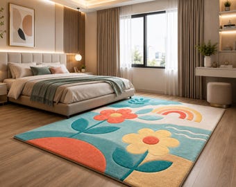 Gebloemd regenboog vloerkleed voor kinderen, babyspeelkamertapijt pastelkleurige bloemen