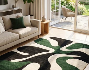 Hand Tufted Wool Abstract Rug, Modern Green Black Area Carpet