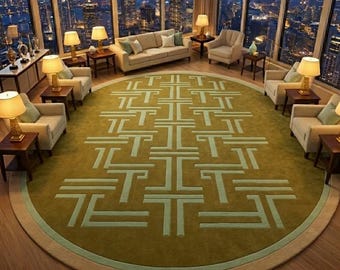 Hand Tufted Wool Round Rug, Geometric Olive Green Luxury Carpet
