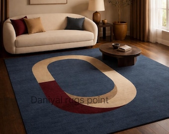 Hand Tufted Navy Blue Rug, Abstract Geometric Area Rug, Modern Living Room Carpet